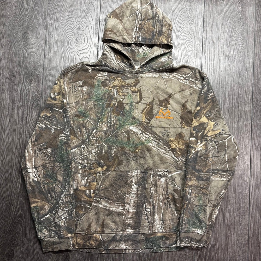 Realtree Xtra Camo Hoodie Mens Medium Orange Logo Camouflage Sweatshirt Y2k